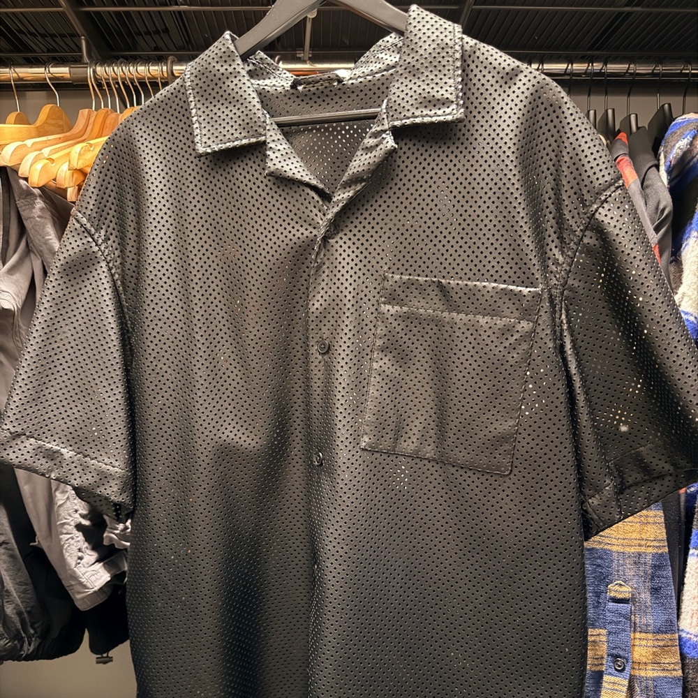 Zara Black Perforated Short-Sleeve Button-Down Shirt